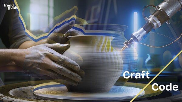 “匠艺 × 数智(Craft / Code)”趋势维度聚焦传统工艺与数字技术的融合共生,展现二者如何相互赋能、协同创新。 “匠艺 × 数智(Craft / Code)”趋势维度聚焦传统工艺与数字技术的融合共生,展现二者如何相互赋能、协同创新。