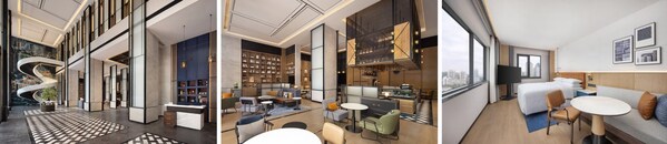 从左到右：重庆渝中半岛福朋喜来登酒店大堂、大堂吧、客房