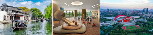 从左到右：居停湖州南浔万豪酒店可便捷前往南浔古镇一睹江南水韵、昆山淀山湖喜来登酒店童趣乐园、五一期间旅居南京景枫万豪酒店可前往奥体中心观赏苏超赛事