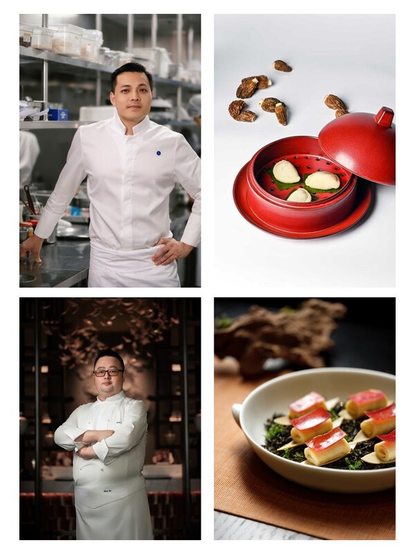 左上：厦门华尔道夫酒店鲜承中餐厅总厨杜国金；右上：羊肚菌荠菜汀州金包银
左下：南京牛首山希尔顿酒店青雅中餐厅主厨徐学颖；右下：明前•碧螺春•熏春笋