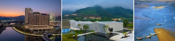 从左到右：德清万豪酒店临水而居、自宣城泾县福朋喜来登酒店出发探访宣纸文化园、从宁德霞浦万豪万枫酒店驱车前往北岐滩涂