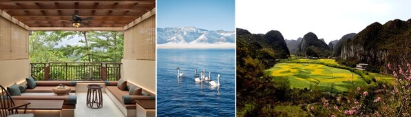 从左到右：西双版纳云投喜来登大酒店椰林蕉影环绕、新疆赛里木湖AC酒店位于赛里木湖畔、从安顺黄果树福朋喜来登酒店驱车畅游龙宫溶洞