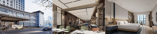 从左到右（效果图）：阿勒泰市福朋喜来登酒店外观、玩啤食社（The Mesh）、客房