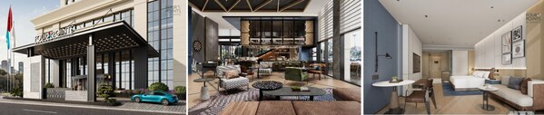从左到右（效果图）：重庆南川福朋喜来登酒店外观、玩啤食社（The MESH）、客房