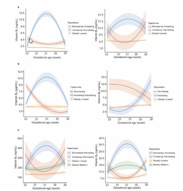图：从妊娠中期至产后48小时母体血液中B族维生素浓度变化轨迹