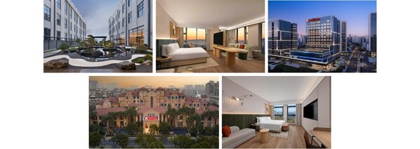 从左至右依次为：湖州南浔古镇希尔顿花园酒店、杭州富阳富春希尔顿花园酒店、杭州大运河希尔顿花园酒店、上海长兴岛希尔顿花园酒店、宁国城西湖希尔顿花园酒店