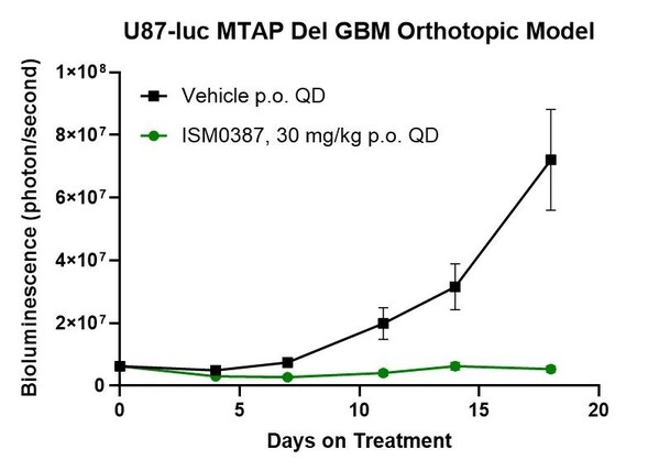 在原位胶质母细胞瘤模型中，连续20天每日给予30 mg/kg的ISM0387可显著抑制肿瘤生长，而对照组则出现明显的肿瘤进展。
