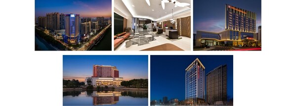 从左至右依次为：荆州沙市希尔顿花园酒店、周口川汇希尔顿花园酒店、绵阳三台耀森希尔顿花园酒店、东莞万江江景路南华希尔顿花园酒店、西宁城东希尔顿花园酒店