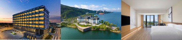 从左到右：上海滴水湖万豪万枫酒店外观、杭州千岛湖万枫酒店外观、深圳大梅沙万豪万枫酒店客房