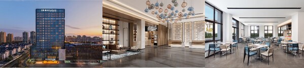 从左到右：杭州拱墅万豪万枫酒店外观、常熟高新区万枫酒店大堂、扬州城市中心万豪万枫酒店餐厅
