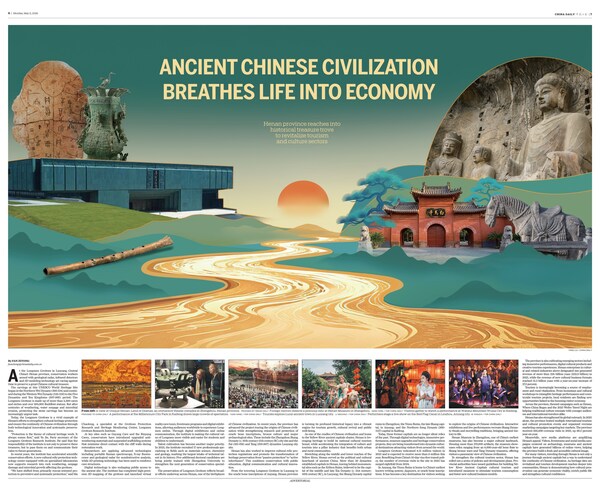 A spread from China Daily showcases the high-quality development of Henan’s cultural industry. A spread from China Daily showcases the high-quality development of Henan’s cultural industry.