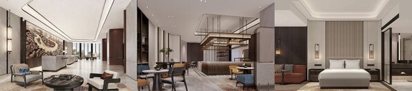 从左至右（效果图）：滕州喜来登酒店大堂、&More by Sheraton咖啡吧、客房