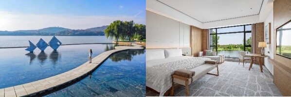 从左到右：从上海佘山世茂艾美酒店短车程可达月湖雕塑公园、峨眉山恒邦艾美度假酒店观景客房