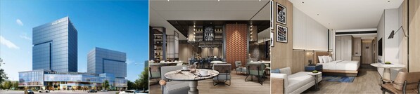 从左到右(效果图):临沂河东福朋喜来登酒店外观、玩啤食社(The MESH)、客房 从左到右(效果图):临沂河东福朋喜来登酒店外观、玩啤食社(The MESH)、客房