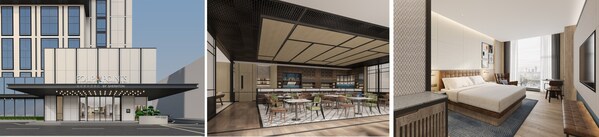 从左到右（效果图）：深圳南山福朋喜来登酒店外观、玩啤食社（The MESH）、客房