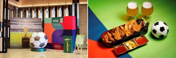 从左到右:武汉襄投万豪酒店公共区域足球主题元素、香港海洋公园万豪酒店足球比赛日客房双人精选小食及饮品 从左到右:武汉襄投万豪酒店公共区域足球主题元素、香港海洋公园万豪酒店足球比赛日客房双人精选小食及饮品