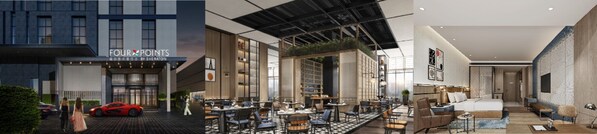 从左到右（效果图）：银川兴庆福朋喜来登酒店外观、玩啤食社 (The MESH)、客房