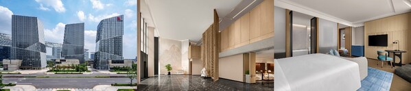从左到右:上海松江临云万豪酒店外观、大堂、客房 从左到右:上海松江临云万豪酒店外观、大堂、客房
