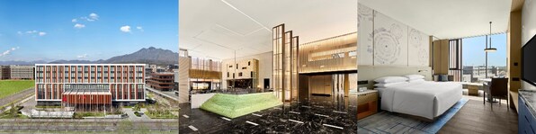 从左至右:北京怀柔万豪酒店外观、大堂、客房 从左至右:北京怀柔万豪酒店外观、大堂、客房