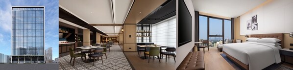 从左到右（效果图）：北京南站福朋喜来登酒店外观、玩啤食社(The MESH) 、高级大床房