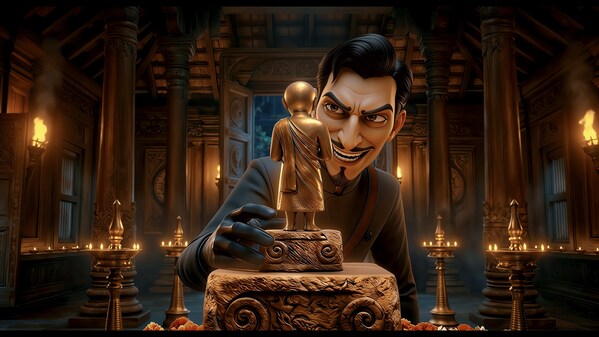 Vikram,即《IvyBears Chapter 3: The Stolen Idol》中的新反派,在一座古印度神庙内盗走了一尊金像(图片来源:IvyBears / Moontrail Animation Studios) Vikram,即《IvyBears Chapter 3: The Stolen Idol》中的新反派,在一座古印度神庙内盗走了一尊金像(图片来源:IvyBears / Moontrail Animation Studios)