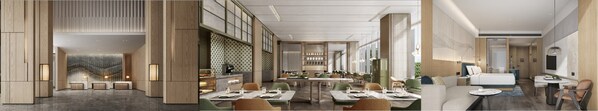 从左到右（效果图）：日照万怡酒店外观、大堂、客房