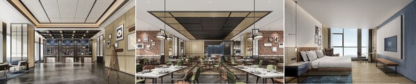 从左到右（效果图）：贵阳观山湖福朋喜来登酒店大堂、玩啤食社（The MESH）、客房