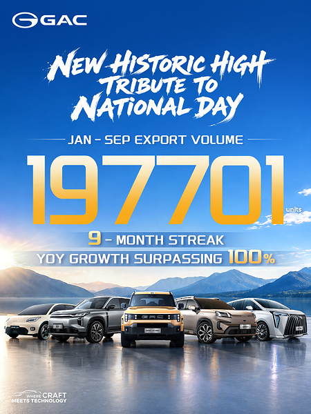 广汽1-9月出口19.7万台，连续9个月同比翻倍！